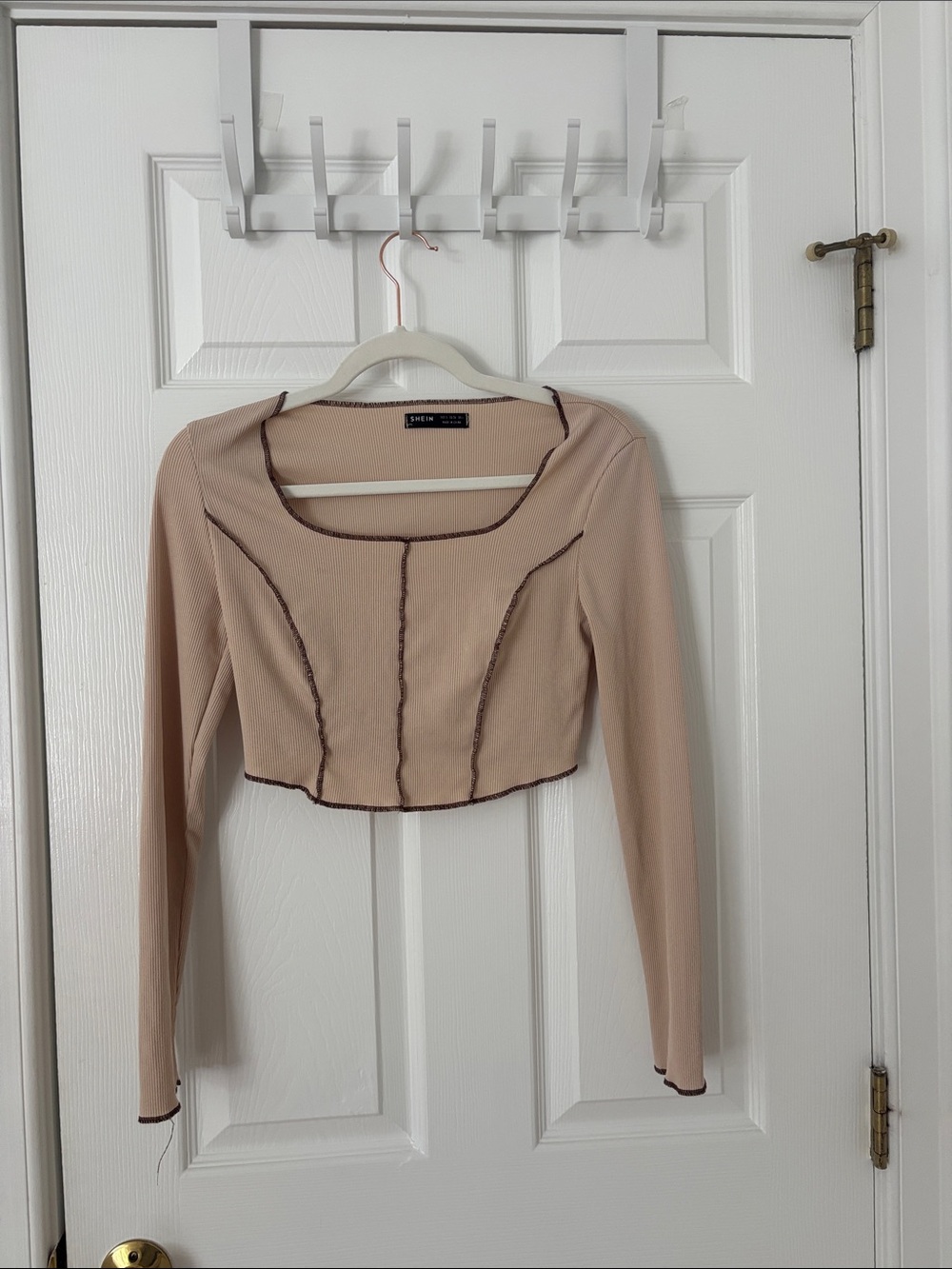 SHEIN Beige Crop Top with Dark Contrast Trim
